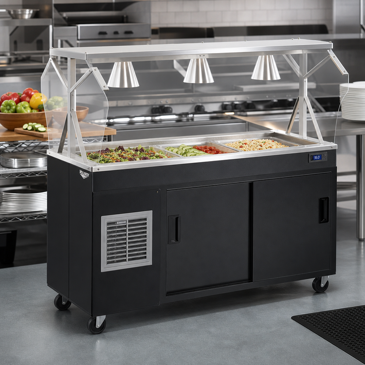 Product image #2 for Vollrath 2-Series Affordable Portable Refrigerated 3-Pan Cold Food Pan Buffet Station with Breath Guard and Sliding-Door Storage Base
