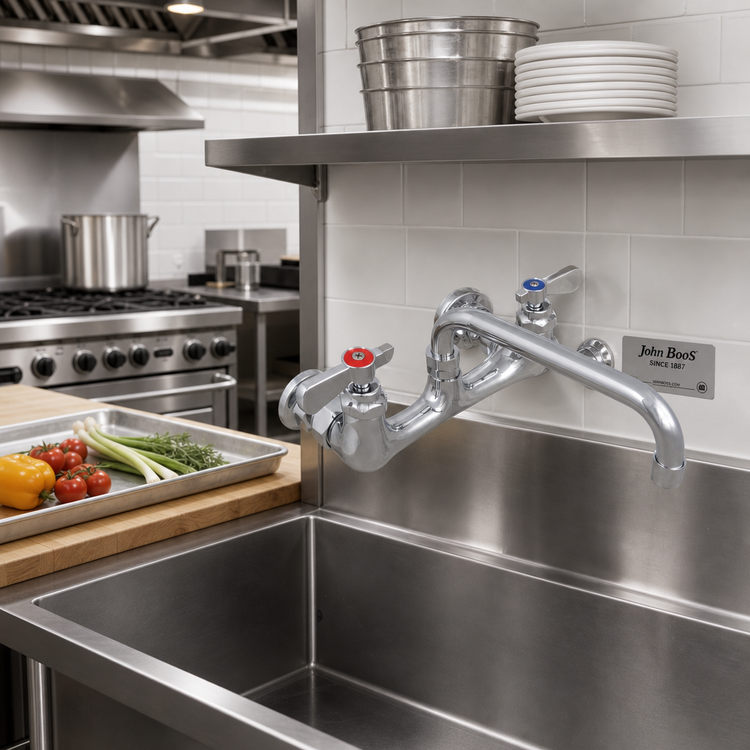 Product image #2 for John Boos PBF-16-SLF Heavy Duty Lead-Free Backsplash Mount Faucet with 16-Inch Swing Spout