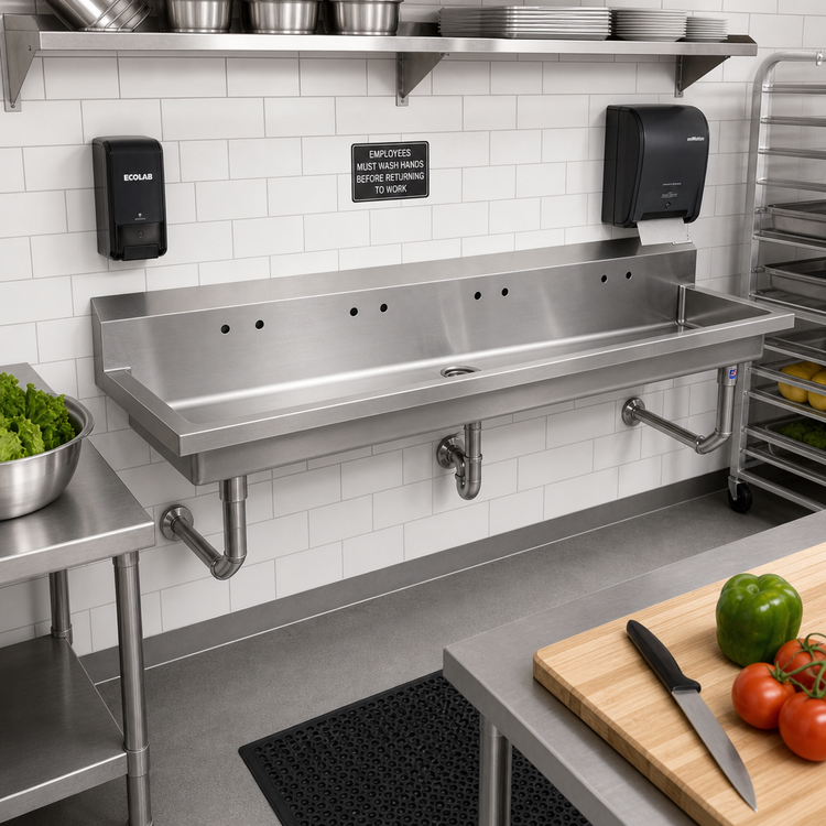 Product image #2 for John Boos Wall Mount Multi-Station Hand Wash Sink, 80 x 19-5/8 Inch, 4 Sets of 4-Inch O.C. Faucet Holes