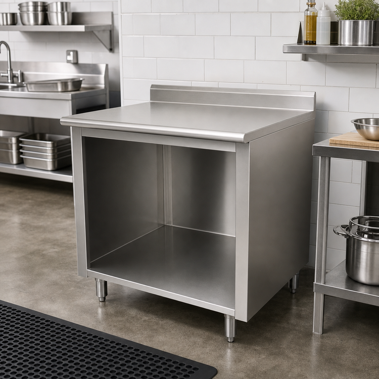 Product image #2 for Advance Tabco Stainless Steel Work Table with Open Front Cabinet Base and 5-Inch Backsplash