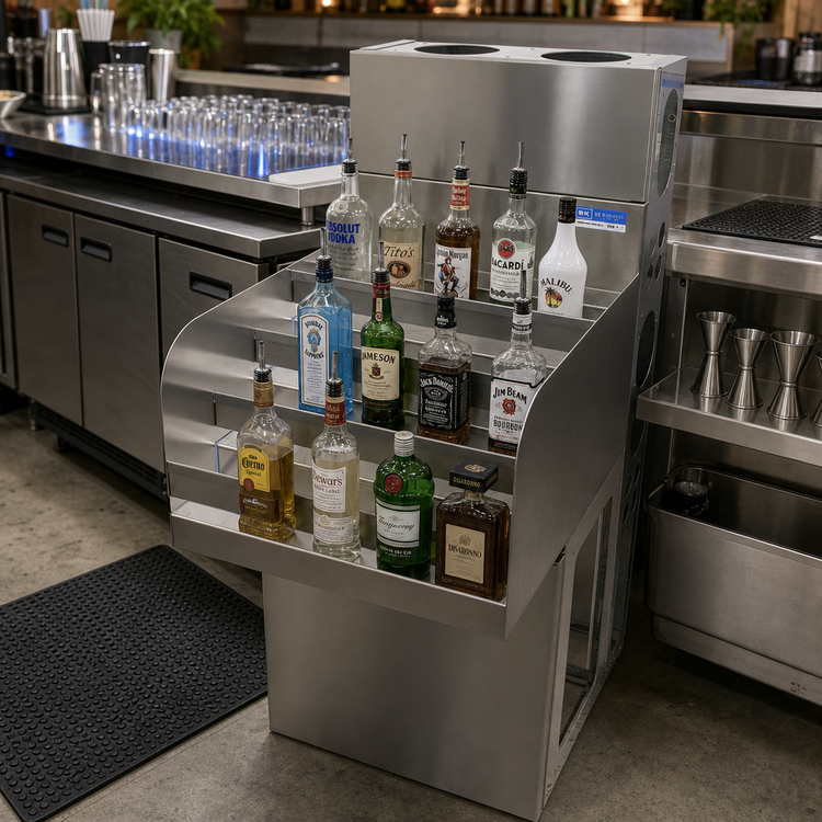 Product image #3 for BK Resources 24-Inch Wide Freestanding Underbar Liquor Bottle Display Unit, 4-Step Stainless Steel
