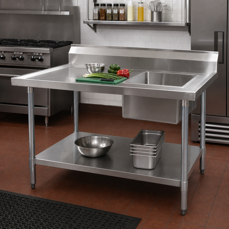 Product image #2 for BK Resources 60 Inch x 30 Inch 304 Stainless Steel Prep Sink Table with Right-Side Sink, Marine Edge, and 6 Inch Riser