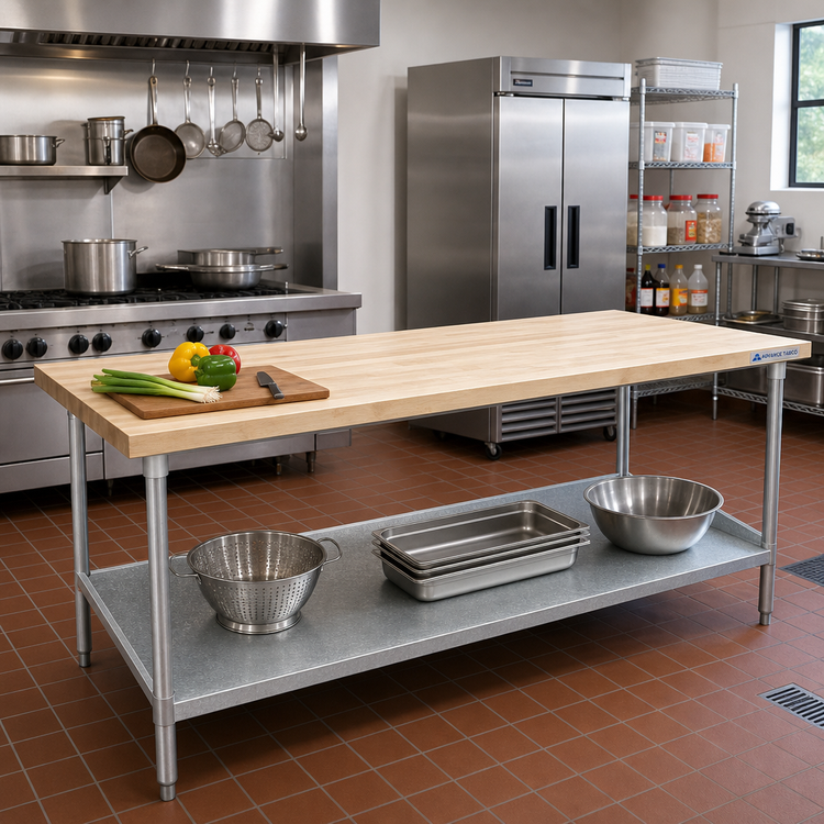 Product image #2 for Advance Tabco Hard Maple Top Work Table with Galvanized Base and Adjustable Undershelf, 96 x 36 Inches