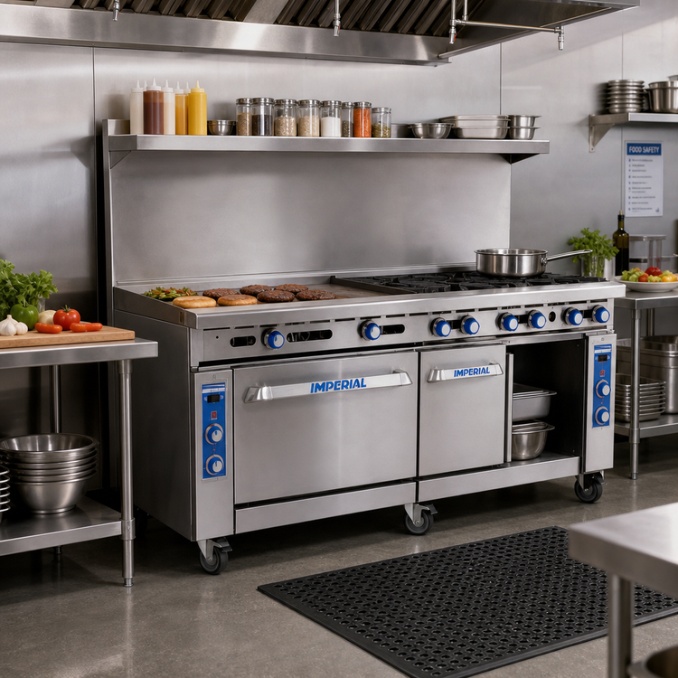 Product image #2 for Imperial Pro Series 72-Inch Gas Restaurant Range with 3/4-Inch Griddle, Standard Oven, and Open Cabinet Base