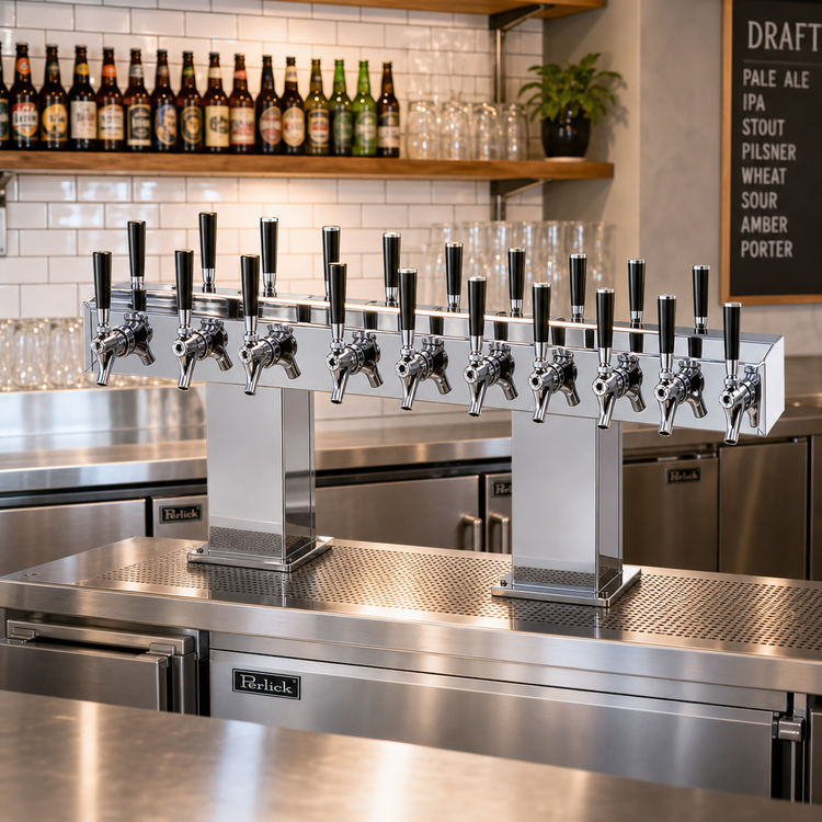 Product image #2 for Perlick Extra High 16-Faucet Countertop Bridge Tee Draft Beer Tower, Polished Chrome, Glycol-Cooled