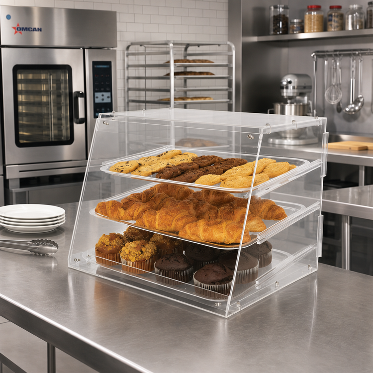 Product image #2 for Omcan Countertop Slant-Front Clear Acrylic Pastry Display Case with 3 Removable Trays