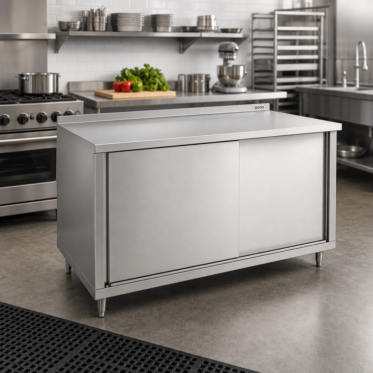 Product image #2 for John Boos Stainless Steel Enclosed Work Table with Cabinet Base and Sliding Doors, 48"W x 36"D, 1-1/2" Rear Riser