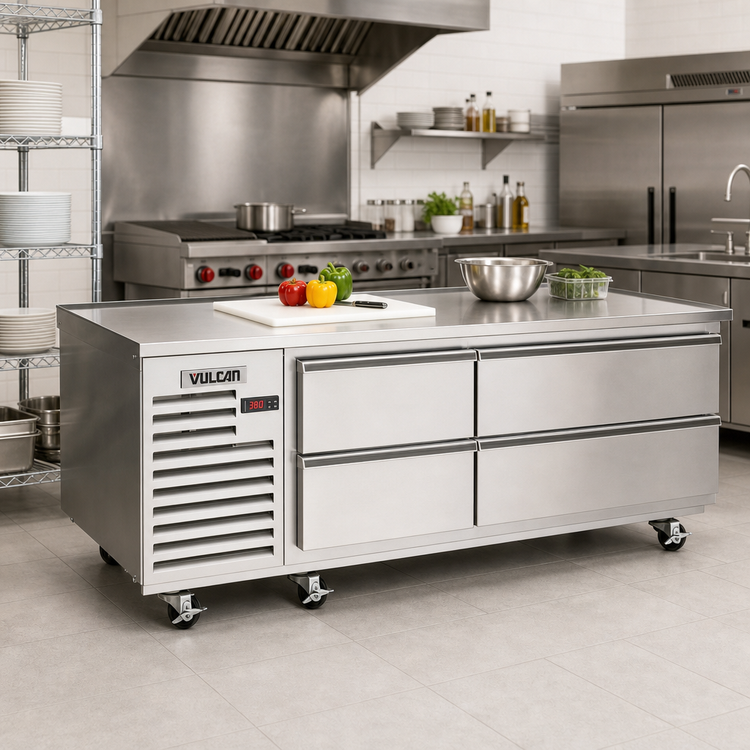 Product image #3 for Vulcan Achiever 72-Inch Self-Contained Refrigerated Drawer Base with Marine Edge Top, 4 Drawers, 115V