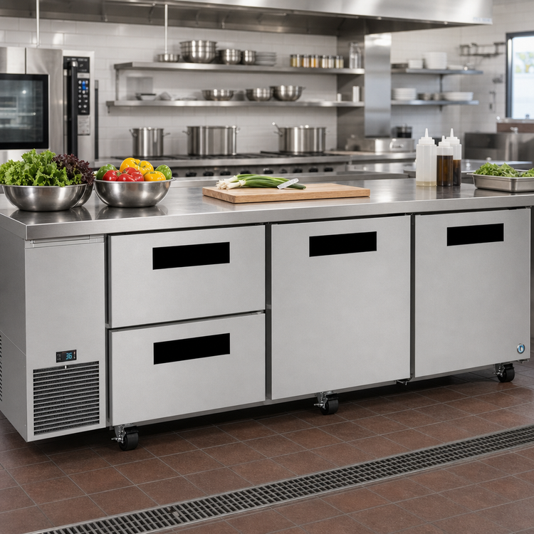 Product image #2 for Hoshizaki Steelheart Three-Section Undercounter Reach-In Refrigerator with 2 Solid Doors and 2 Drawers, 93 Inch