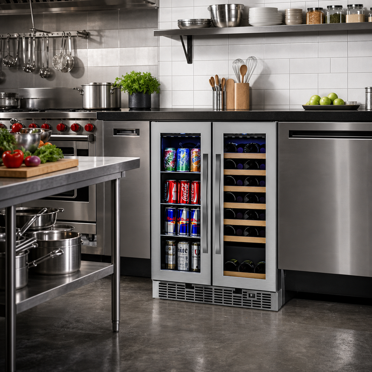 Product image #2 for KoolMore 24-Inch Dual Zone Wine and Beverage Cooler with Full Glass Doors, 21-Bottle/60-Can Capacity, Built-In or Freestanding