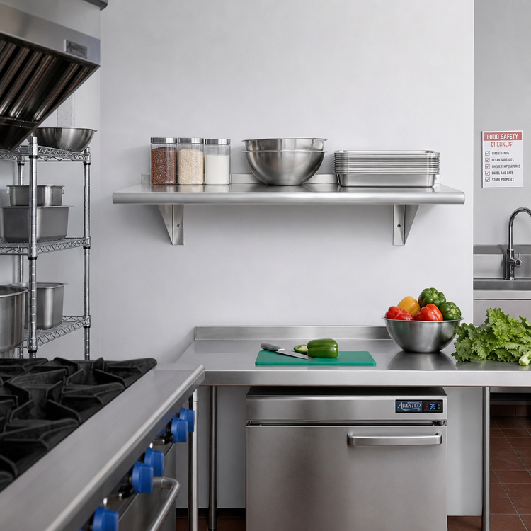 Product image #2 for Advance Tabco 48-Inch x 18-Inch Wall-Mounted 304 Stainless Steel Shelf, 16 Gauge, Satin Finish