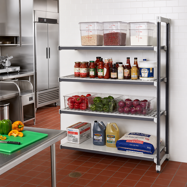 Product image #2 for Cambro Camshelving Elements XTRA Stationary Add-On Polymer Shelving Unit, 18 x 60 x 64 Inches, 4-Shelf, 3 Vented + 1 Solid, Speckled Gray