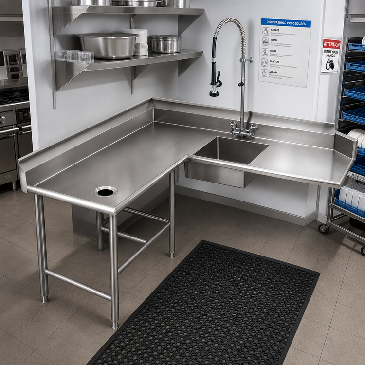 Product image #2 for Spec-Master 60-Inch Corner Soiled Dishtable with Pre-Rinse Sink, Left-Hand, 14/304 Stainless Steel, 8-Inch Backsplash