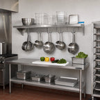 Thumbnail image #2 for BK Resources BKWSE-1696-PR Wall-Mount Stainless Steel Overshelf with Pot Rack, 96W x 16D, 18 Gauge, 8 Hooks