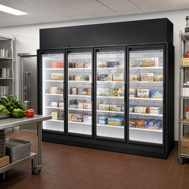 Product image #2 for True 4-Door Low-Temp Glass Door Freezer Merchandiser, 154.4 Cu. Ft., Black Exterior, White Interior