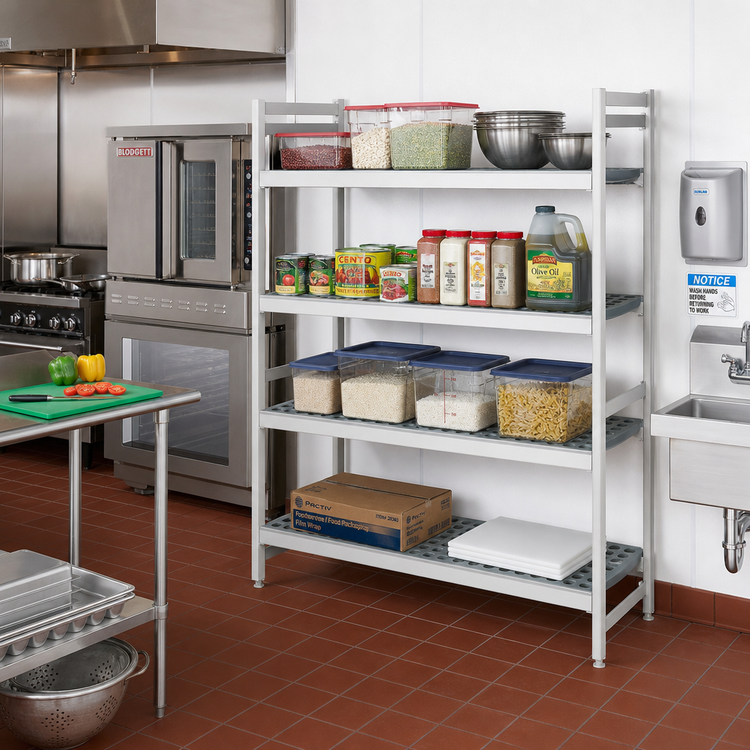 Product image #2 for Fermostock 4-Tier Perforated Polymer Shelving Unit Expansion Kit with Removable Inserts, 59"W x 22"D x 66"H, Gray