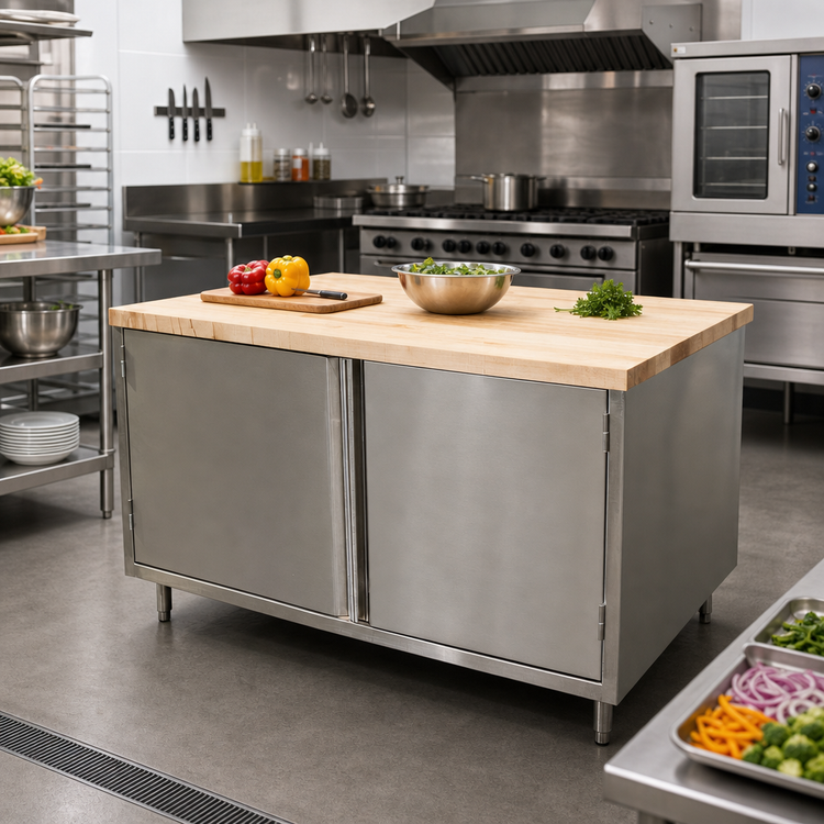 Product image #2 for BK Resources 48-Inch x 30-Inch Hard Maple Chef Table with Stainless Steel Cabinet Base and Hinged Doors