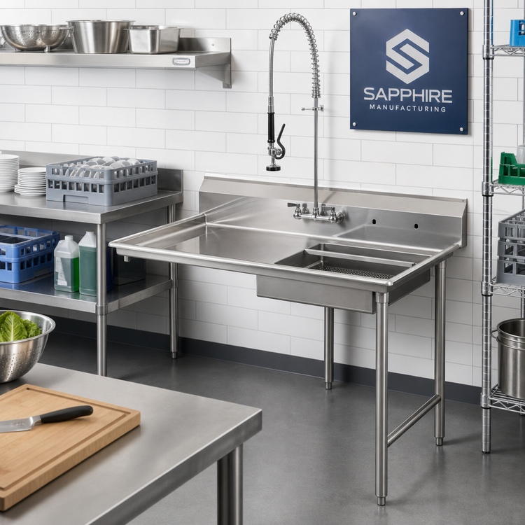 Product image #2 for Sapphire Manufacturing 48-Inch Right-to-Left Undercounter Soiled Dishtable with Pre-Rinse Sink