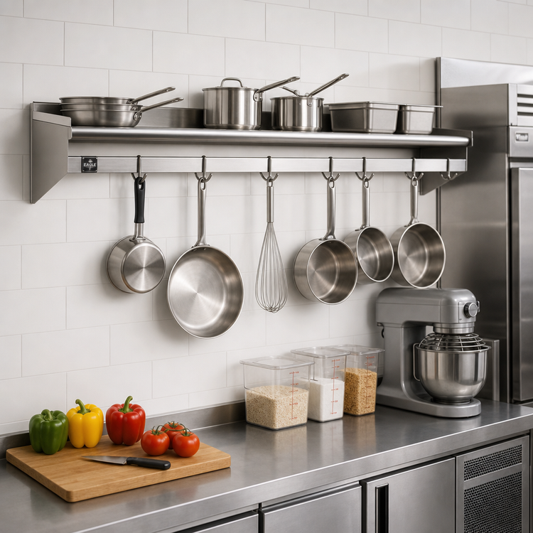 Product image #2 for Eagle Group 84-Inch x 10-Inch Wall-Mounted Commercial Pot Rack Shelf with 7 Hooks