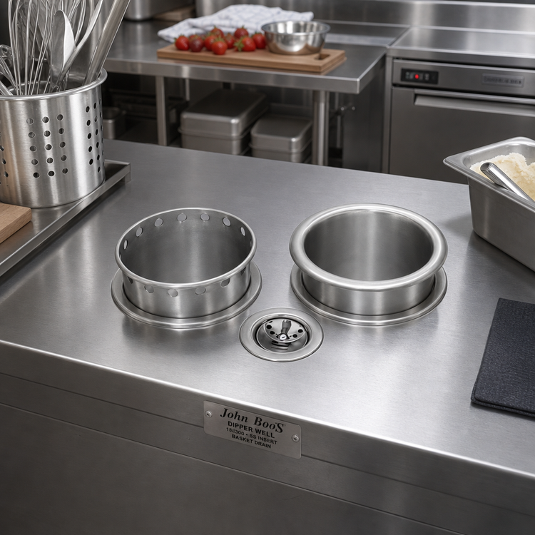 Product image #3 for John Boos Drop-In 18/300 Stainless Steel Dipper Well with Stainless Steel Insert and Basket Drain
