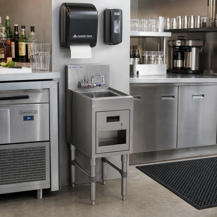 Product image #2 for Advance Tabco Prestige Supreme Stainless Steel Underbar Freestanding Hand Sink with Splash-Mount Faucet, Soap & Towel Dispensers, 18 x 20 x 36 Inches