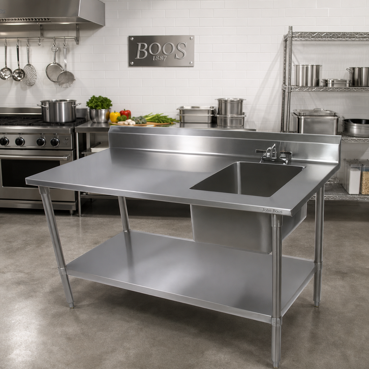 Product image #2 for John Boos 72-Inch x 30-Inch Stainless Steel Sink Table with Right-Side Prep Sink and Backsplash