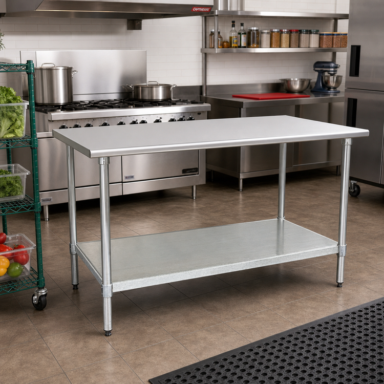 Product image #2 for BlendPort® Deluxe Series 72" x 30" Flat Top 16-Gauge 300 Series Stainless Steel Work Table with Adjustable Galvanized Undershelf