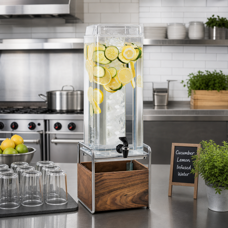 Product image #2 for Cal-Mil Mid-Century 3-Gallon Single Beverage Dispenser with Ice Chamber, Lid, Spigot, Walnut Base, and Chrome Frame