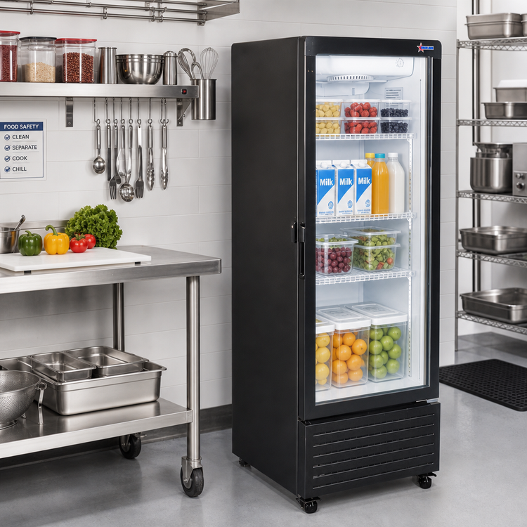 Product image #2 for Omcan 1-Section Glass Door Reach-In Refrigerator, 4.9 Cu. Ft., Bottom-Mount Self-Contained, Black