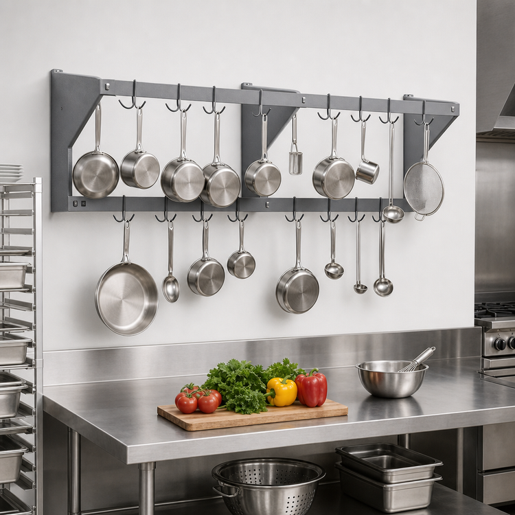 Product image #2 for Eagle Group Commercial Wall-Mount Aluminum Double-Bar Pot Rack with 22 Hooks, 132-Inch Wide