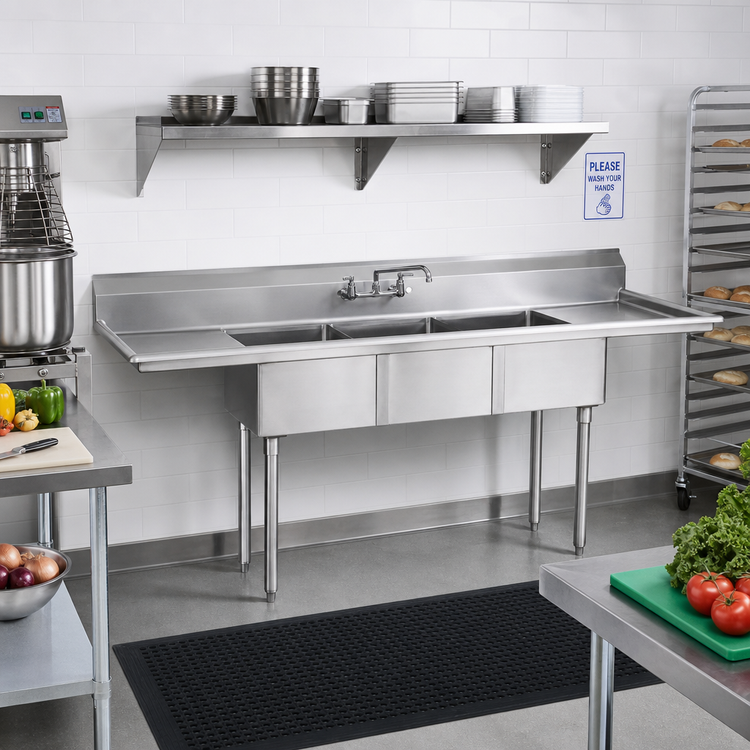 Product image #2 for Advance Tabco Special Value Series 3-Compartment Fabricated Sink with Left & Right Drainboards, 15 x 15 x 12-Inch Bowls