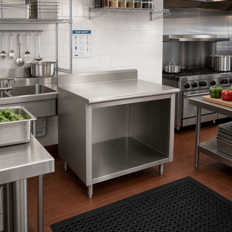 Product image #2 for Advance Tabco 36-Inch x 30-Inch Stainless Steel Work Table with 14-Gauge 304 Top, 5-Inch Backsplash, and Open Front Cabinet Base