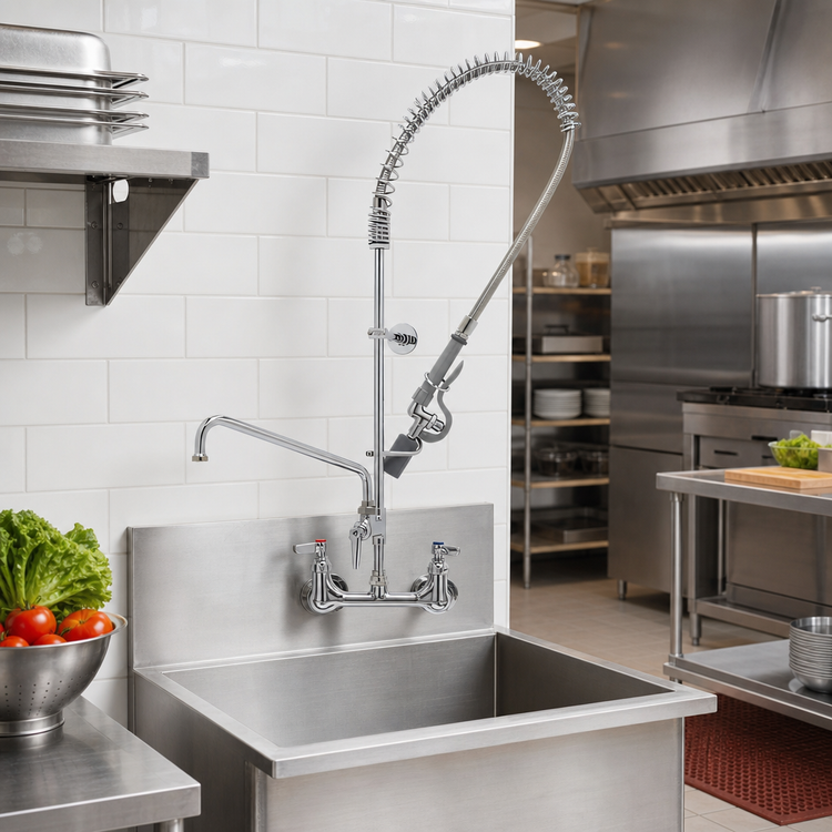 Product image #2 for T&S Brass EasyInstall 8-Inch Centers Wall-Mount Pre-Rinse Unit with Mixing Faucet, Add-On Faucet, 12-Inch Swing Nozzle and 1.07 GPM Spray Valve