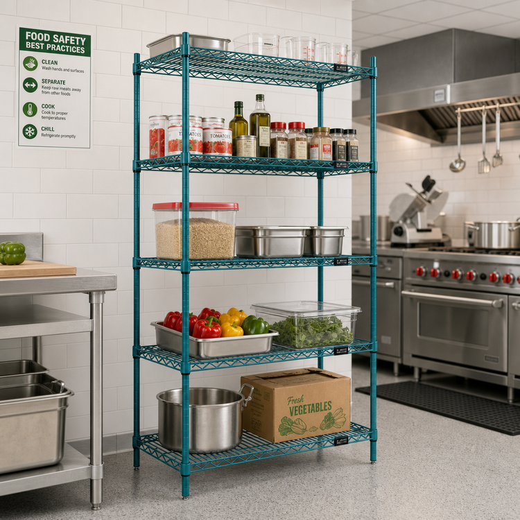 Product image #2 for Quantum 36 Inch Wide x 18 Inch Deep 5-Shelf Wire Shelving Starter Kit with Green Epoxy Antimicrobial Finish