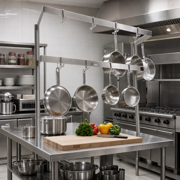Product image #2 for John Boos PRD3A Table-Mounted Double-Bar Stainless Steel Pot Rack with 14 Double Hooks