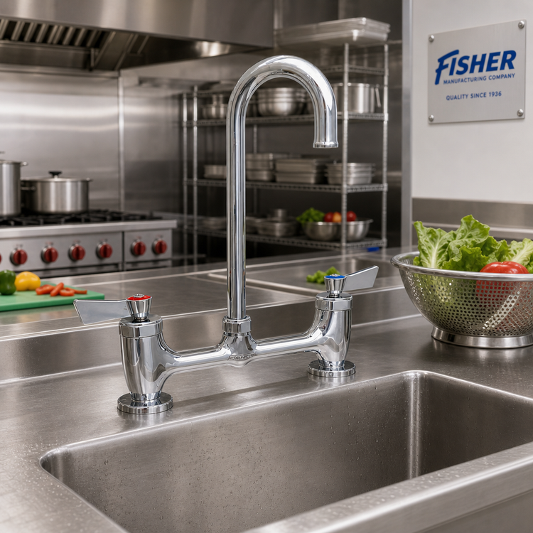 Product image #2 for Fisher Low-Lead Brass Deck-Mount Manual Faucet with 12-Inch Swivel Gooseneck Spout, 8-Inch Centers and Lever Handles