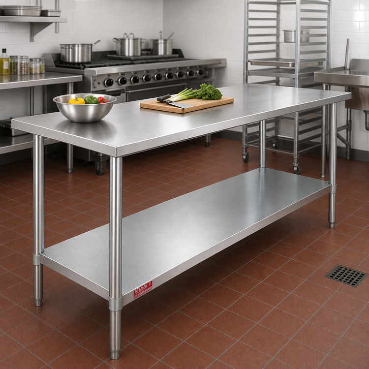 Product image #2 for Duke Manufacturing 108-Inch x 24-Inch Stainless Steel Work Table with Galvanized Undershelf and Posts, Flat Top