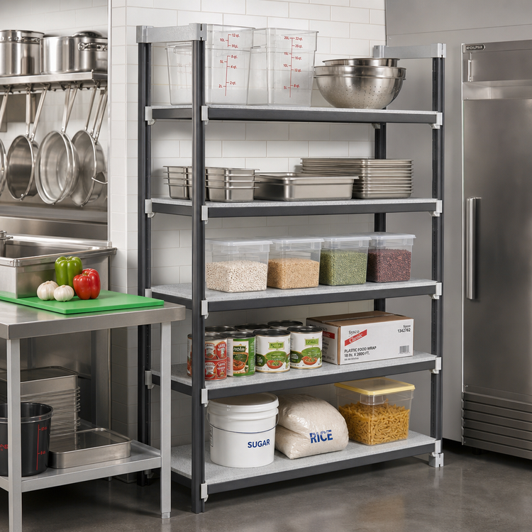 Product image #2 for Cambro Camshelving Elements XTRA Stationary Add-On Polymer Shelving Unit, 24 x 48 x 84 Inches, 5-Tier, Solid, Speckled Gray