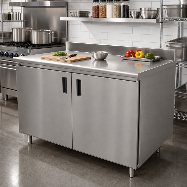 Product image #2 for Advance Tabco 96" x 24" Enclosed Stainless Steel Work Table with Cabinet Base, Mid-Shelf, Hinged Doors, and 5" Backsplash