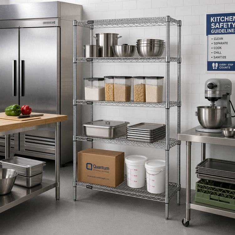 Product image #2 for Quantum Stationary Wire Shelving Starter Kit, 30"W x 14"D x 63"H, Chrome Plated, 4 Shelves