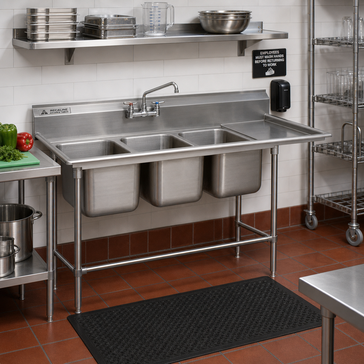Product image #2 for Advance Tabco Regaline Freestanding 3-Compartment Sink with Right-Hand Drainboard, 24 x 24 Inch Compartments, 14 Gauge 304 Stainless Steel
