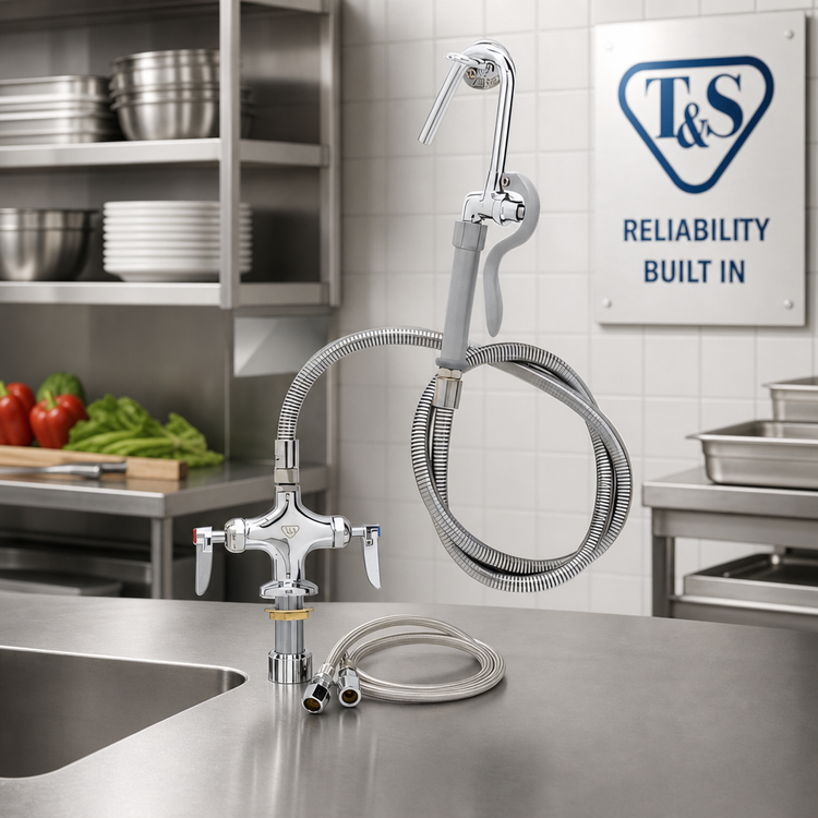 Product image #2 for T&S Brass B-0300-102A Deck-Mounted Double Pantry Base Faucet with 68-Inch Hose and Hook Nozzle
