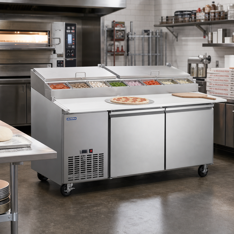 Product image #2 for Aurora Two-Section Refrigerated Pizza Prep Table, 67 Inch, Side-Mounted Self-Contained, 15.6 Cu. Ft.