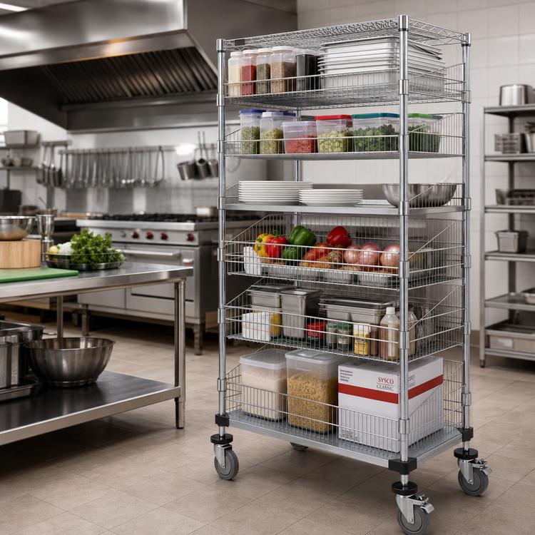 Product image #2 for Quantum Commercial Post Basket Cart with 1 Wire Shelf, 1 Solid Shelf and 5 Baskets, 1200 lb. Capacity, 48 x 24 x 80 Inches, Chrome Plated
