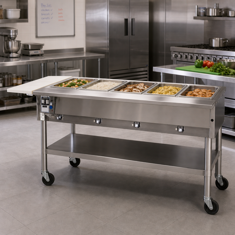 Product image #2 for Eagle Group 82-Inch Portable Electric Hot Food Table with 5 Full-Size Dry Wells, Open Base, and Cutting Board