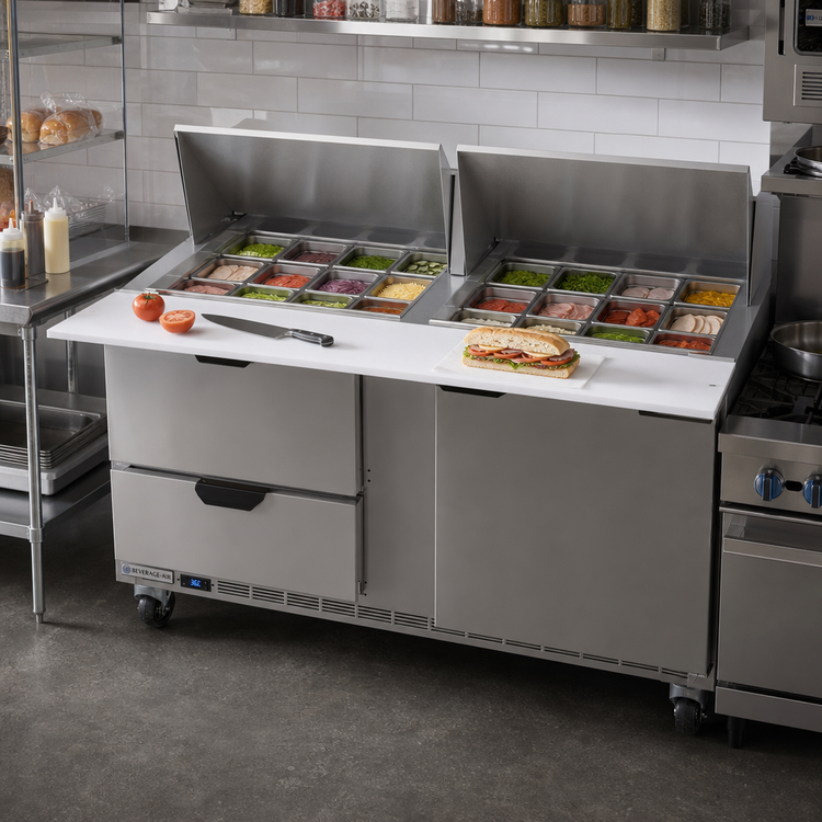 Product image #3 for Beverage-Air 60-Inch Mega Top Refrigerated Sandwich Prep Table with 24-Pan Rail, 2 Drawers, and 1 Door