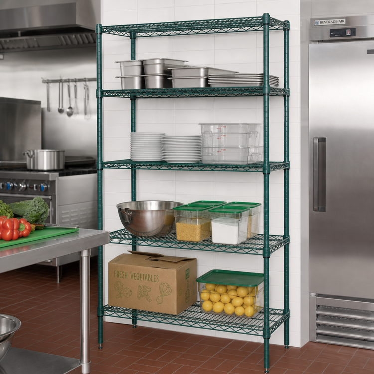 Product image #2 for Quantum 48-Inch W x 18-Inch D x 63-Inch H Stationary 5-Shelf Wire Shelving Starter Kit, Green Epoxy Antimicrobial Finish