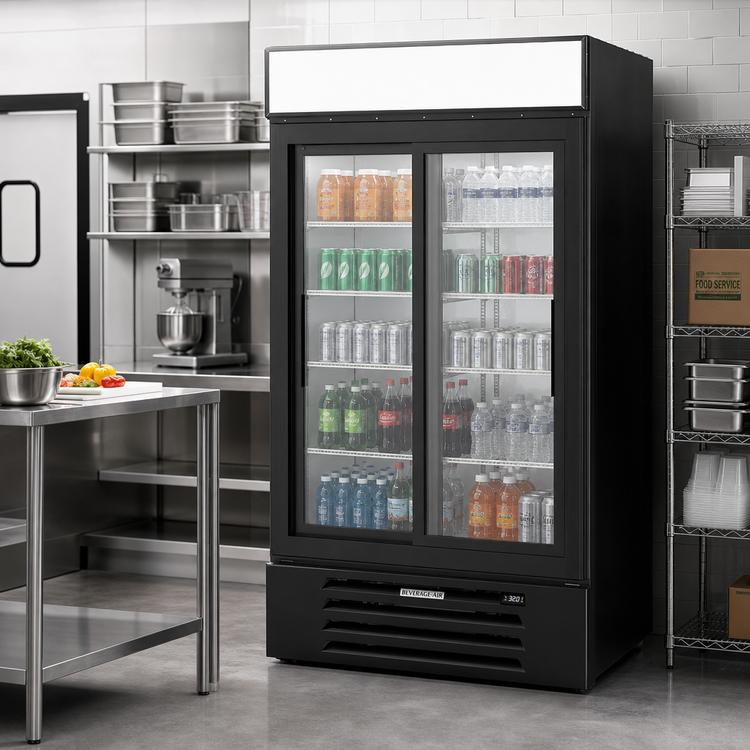 Product image #2 for Beverage-Air MarketMax 2-Section Black Sliding Glass Door Reach-In Refrigerated Merchandiser, 35.4 Cu. Ft.