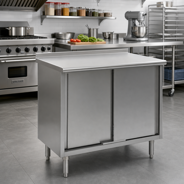 Product image #2 for Spec-Master Enclosed Cabinet Base Work Table with Sliding Doors, 48 x 30 Inches, 304 Stainless Steel Top