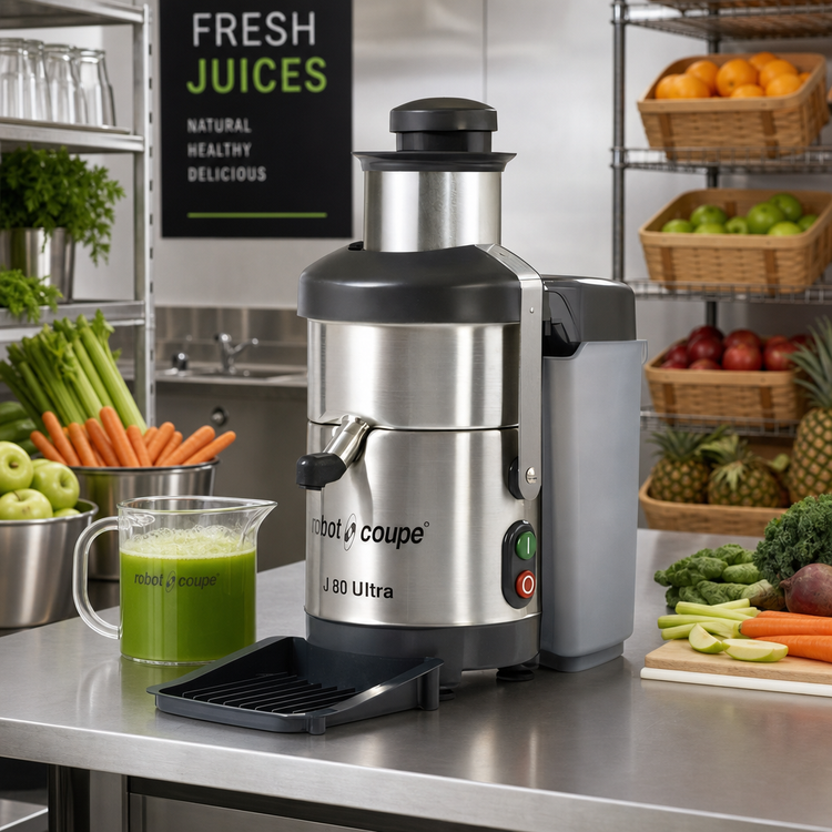 Product image #2 for Robot Coupe J80 Countertop Centrifugal Fruit and Vegetable Juicer / Juice Extractor, Automatic Feed, 1 HP, 120V